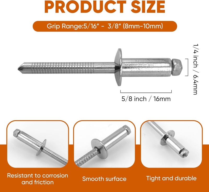 ALLCLEAN 45 Pcs 1/4" x 5/8" Stainless Steel Blind Pro Rivets,6.4 x 16mm Pop Rivets,Stainless Steel Grip and Stainless Steel Mandrel - Image 2